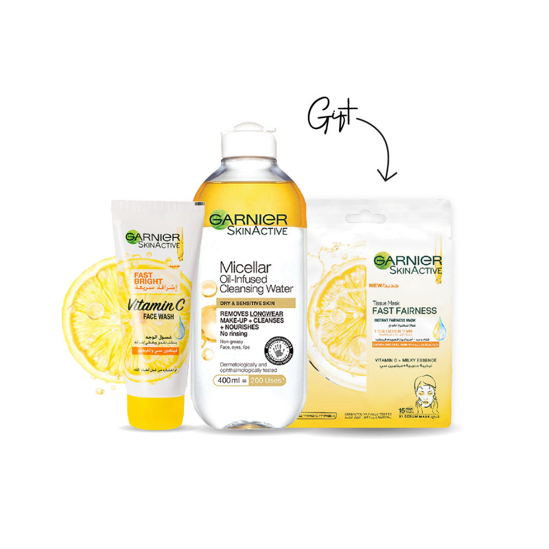 Fast Bright Face Wash + Garnier Micellar In Oil + FREE Fast Bright Tissue Mask Bundle