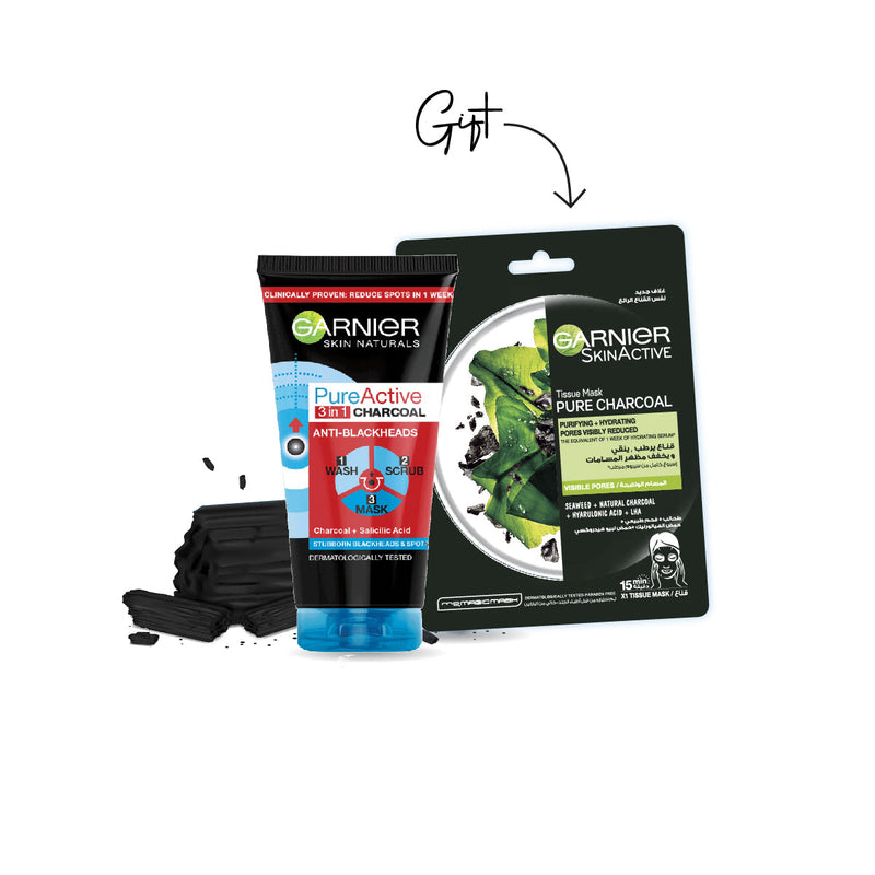 Tissue Mask Pure Charcoal Black Algae + Pure Active 3in1 Charcoal Anti-Spot Bundle